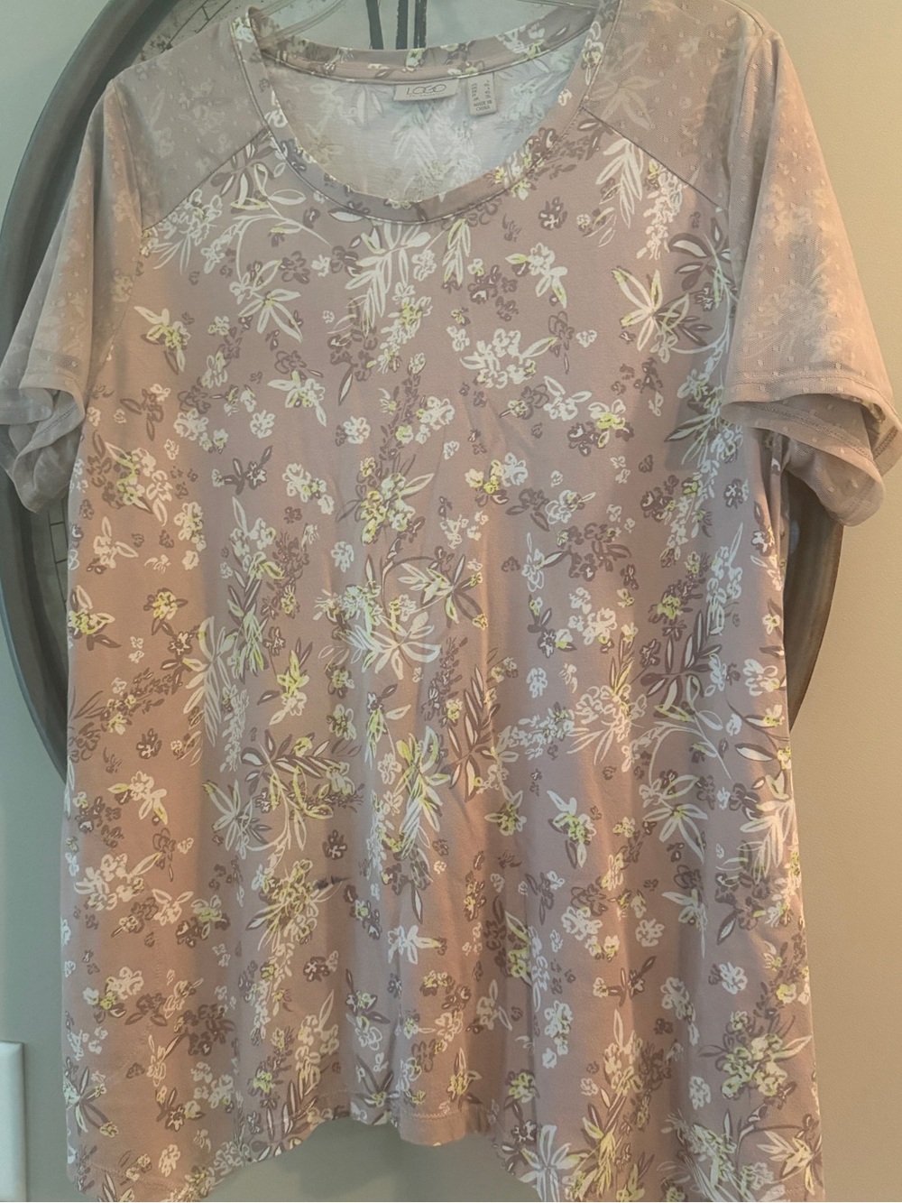 2 LOGO Floral Short-Sleeve Tops w/asymmetrical hemline- Teal and Tan. Size Lg.